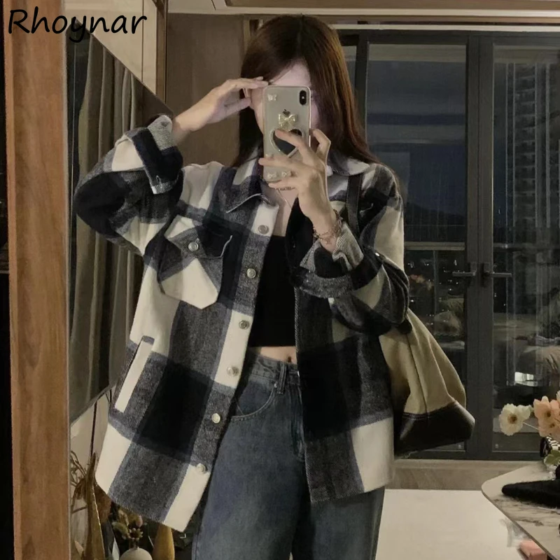 

Shirts Women Thick Brushed Plaid Cozy Baggy Tops Fashion Streetwear Vintage Lapel Camisa All-match Personality Ins Autumn Winter