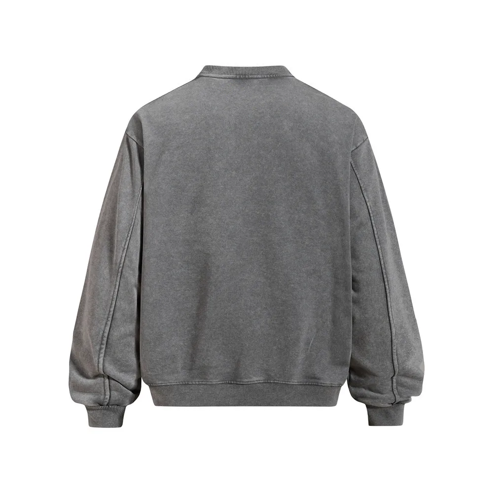 MWJLPWQ Retro-style Print Distressed Round-neck Sweatshirt Men's American Fashion Long Sleeve Heavyweight Loose Washed Top 17705