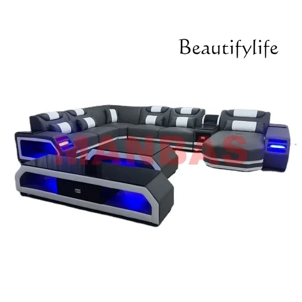 

Tu MANBAS Italian Genuine Leather Sectional Sofa with LED Lights | Futuristic Furniture U Shape Couch Living Room Big Sofas Set