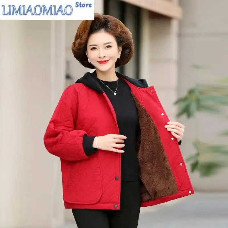 Add Velvet Autumn Winter Keep Warm Outerwear Ladies Jacket Women's Cotton Coat New Loose Casual Hooded Middle Aged Mom Top