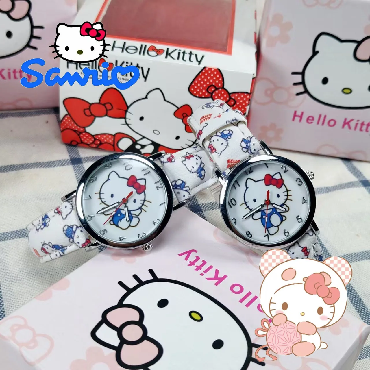 

Sanrio женские часы hello kitty мультяшные часы корпус из сплава кварцевые наручные часы кожаный ремешок для девочек подарок на день рождения ﻿