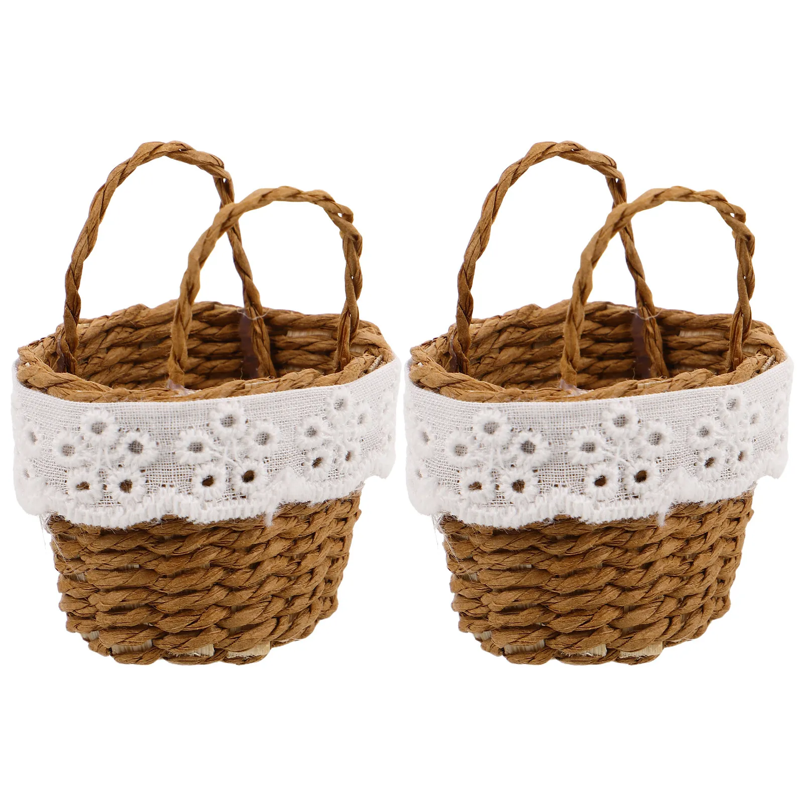 2Pcs Mini Handwoven Rattan Baskets with Handles Small Decorative Woven Flower Baskets Picnic Party Favors Miniature Tabletop