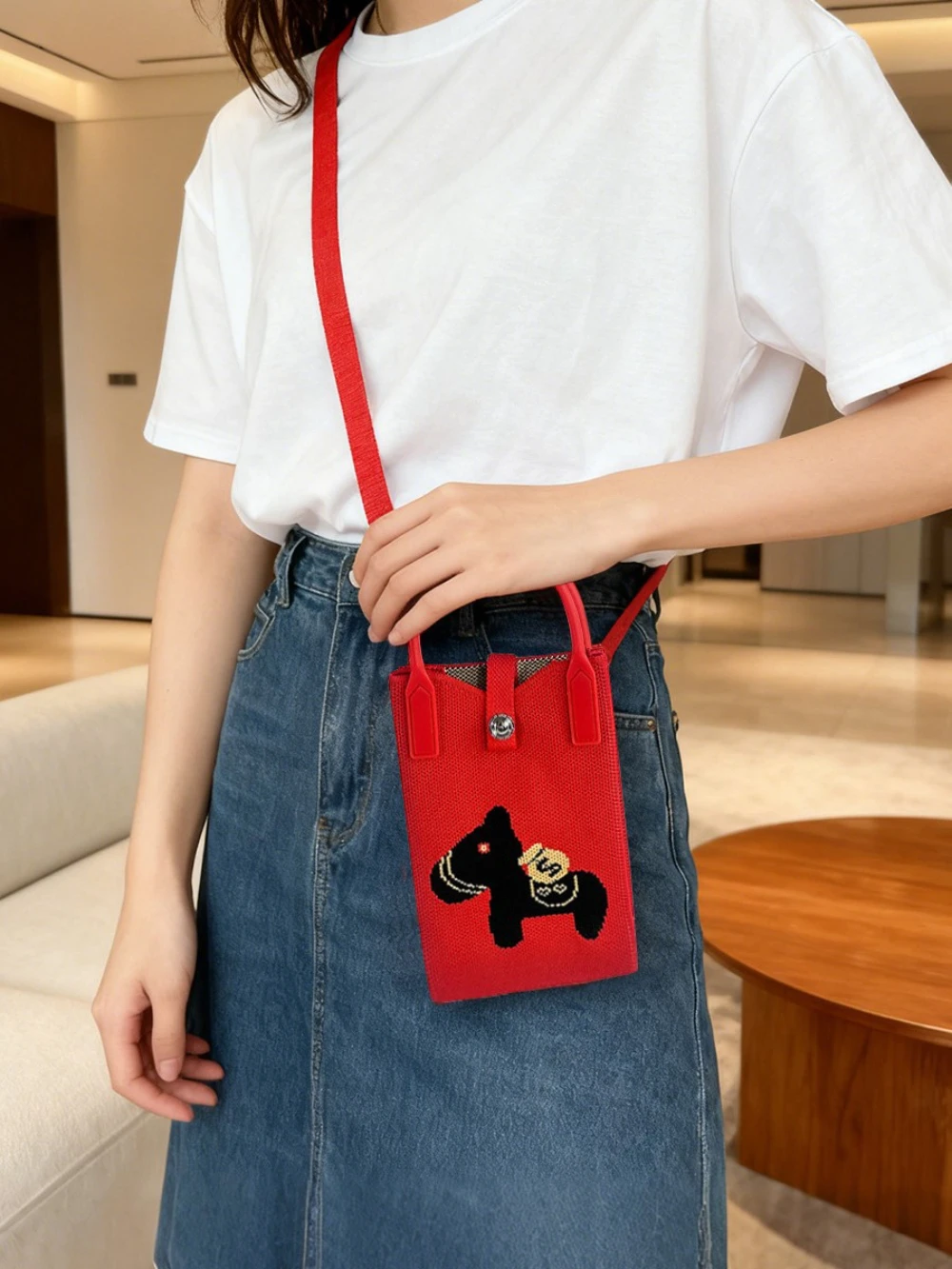Knitted Phone Bag Practical Festive Small Square Bag Mini Shoulder Bag Joyful For Chinese New Year Travel Holiday Outfit
