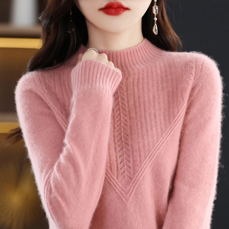 Autumn Winter Fashion Pure Wool Knit Sweater Women Pullover Long Sleeve Half High Collar Warm Triangle Hollow Chic Cashmere Top