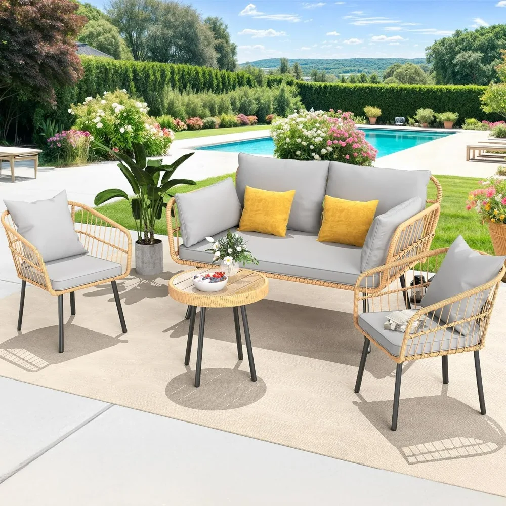 

4 Pieces Patio Furniture Set, Outdoor Wicker Bistro Set, All-Weather Rattan Patio Conversation Set with Loveseat Chairs Table S