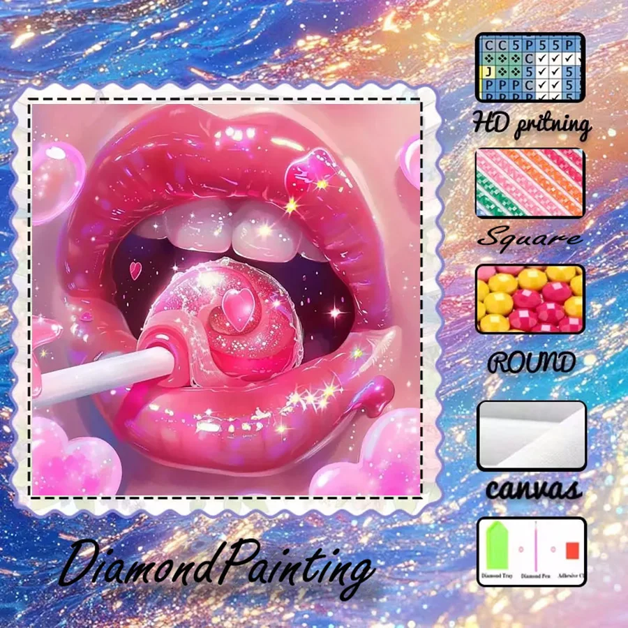1 piece - 5D-DIY - Flocking cloth - Special drill - Diamond painting - Lip gloss, lollipop - Mosaic diamond art