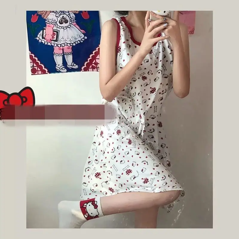 

Sanrio Hello Kitty Dress Y2kn Girls Cute Print Nightdress Women's Vest Summer Long Skirt Home Clothes