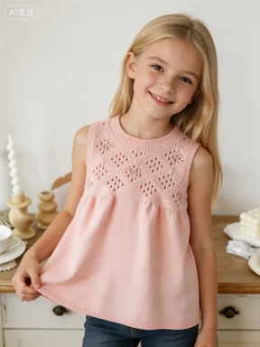 2026 Spring Girls Bow Hollow Knit Tank Dress Pretty Bow Decoration Sweet and Girlish Thin and Breathable Match Shirts