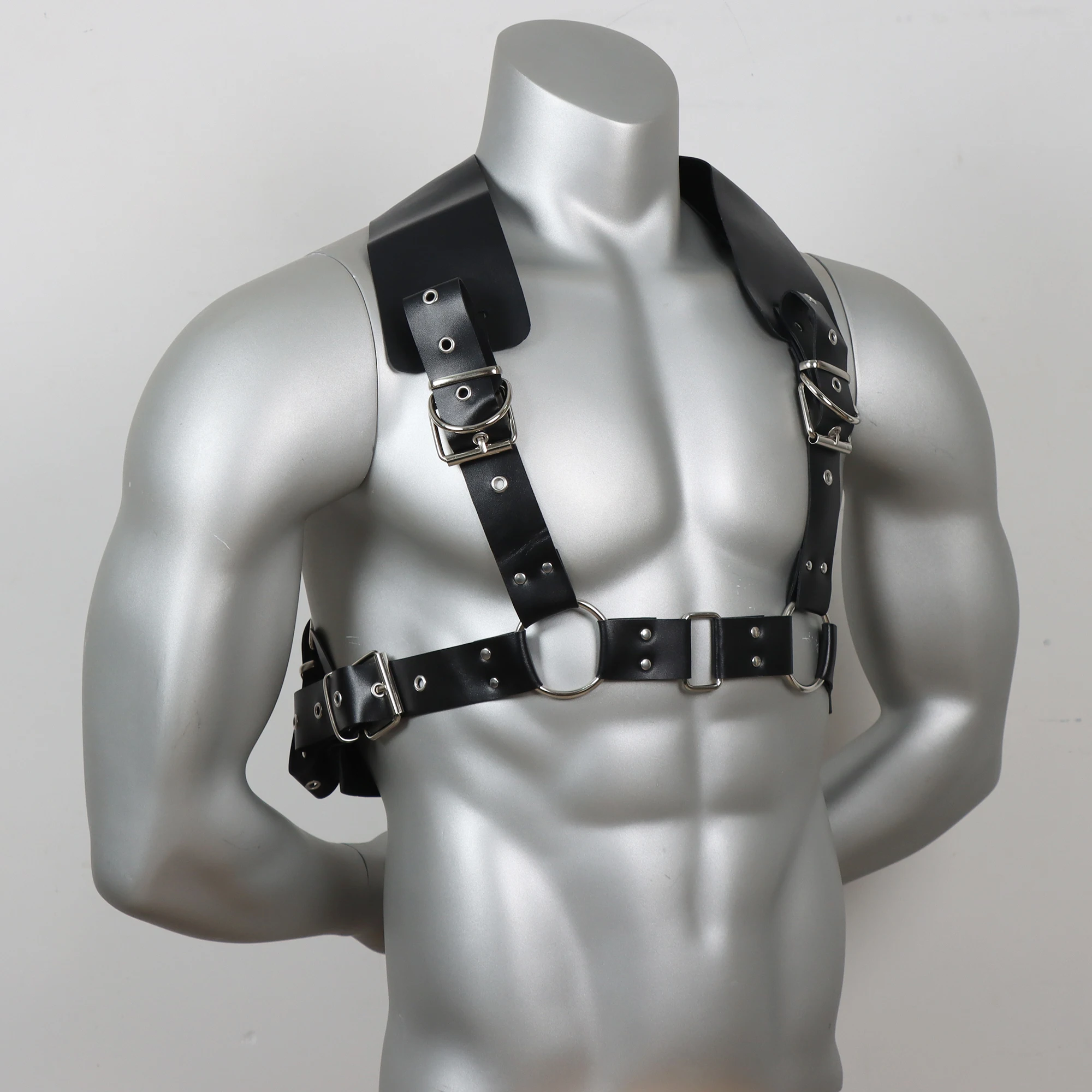 Men\'s Sexy Faux Leather Suspender Back Body Bondage Fashion Design Metal Rivet Harness Club Gothic Matching Top