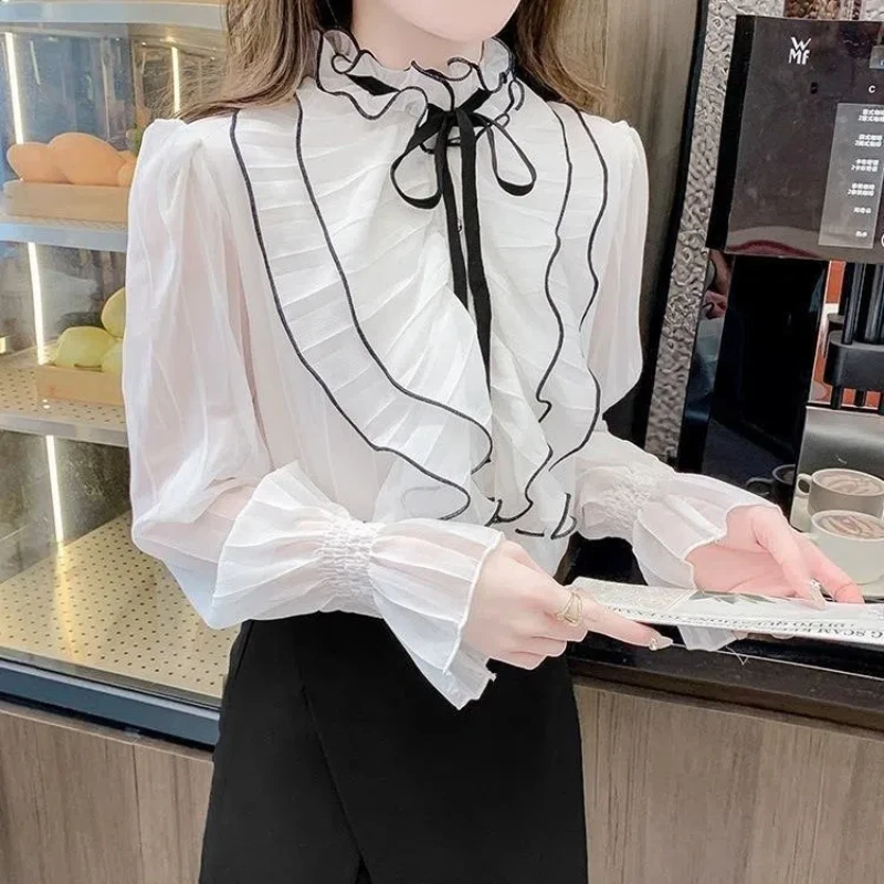 Spring Autumn New White Solid Color Ruffles Blouse Long Sleeve Contrast Lacing Elegant Shirt Tops Fashion Elegant Women Clothing