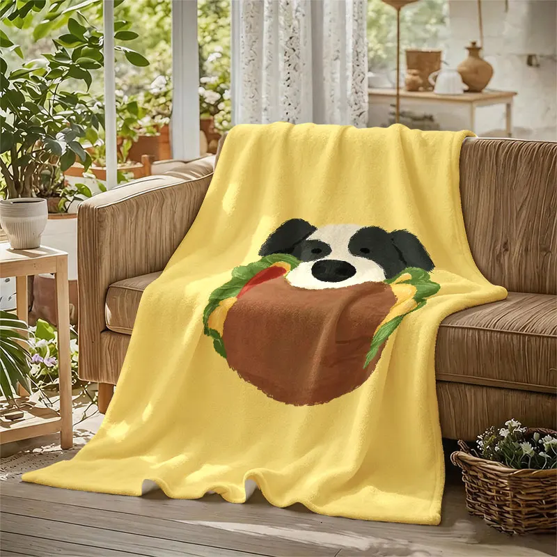 Dog Burger Mustard Yellow Flannel Blanket Perfect for Sofa Office Bed Travel Sleep Read Relax Camping Four Season Use