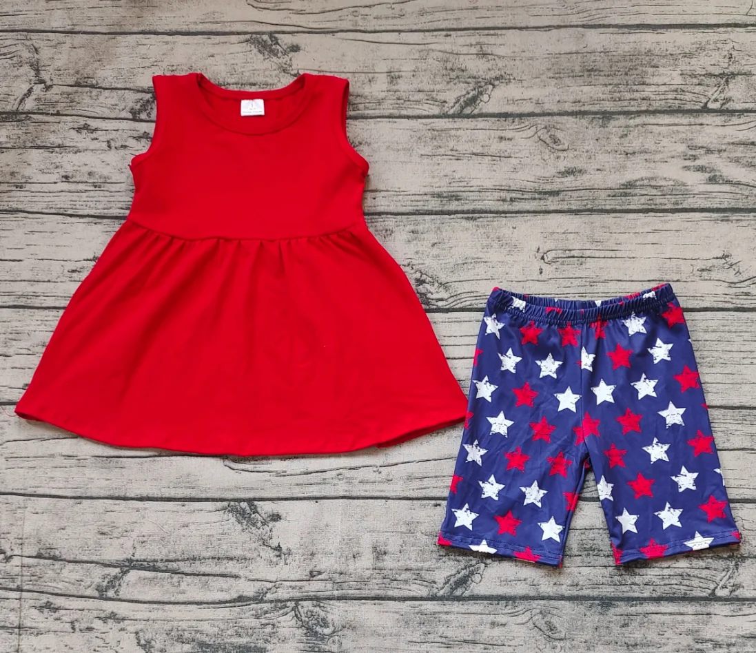 

Wholesale July 4th Baby Girl Sleeveless Red Cotton Shirt Tee Outfit Clothing Kids Children Set Toddler Infant Stars Shorts