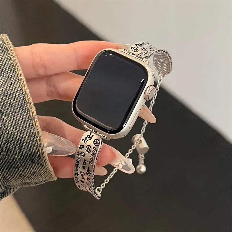 

Винтажный металлический браслет с граффити, совместимый с ремешком iWatch 38 мм, 40 мм, 41 мм, 42 мм, 44 мм, 45 мм, 49 мм, модный ремешок ручной работы