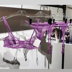 Sexy thin floral lace underwear lingerie with steel ring gathered thong garter belt three-piece see-through bra briefs set