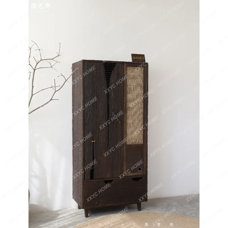 Wabi-sabi style solid wood wardrobe, vintage decorative cabinet, minimalist light luxury high-end wardrobe storage cabinet