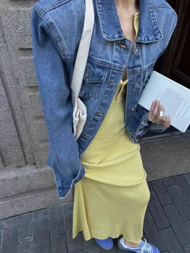 2024 Early Autumn New Short Casual Straps Shoulder Padded Denim Jacket Women's Design Fashion Top For Women