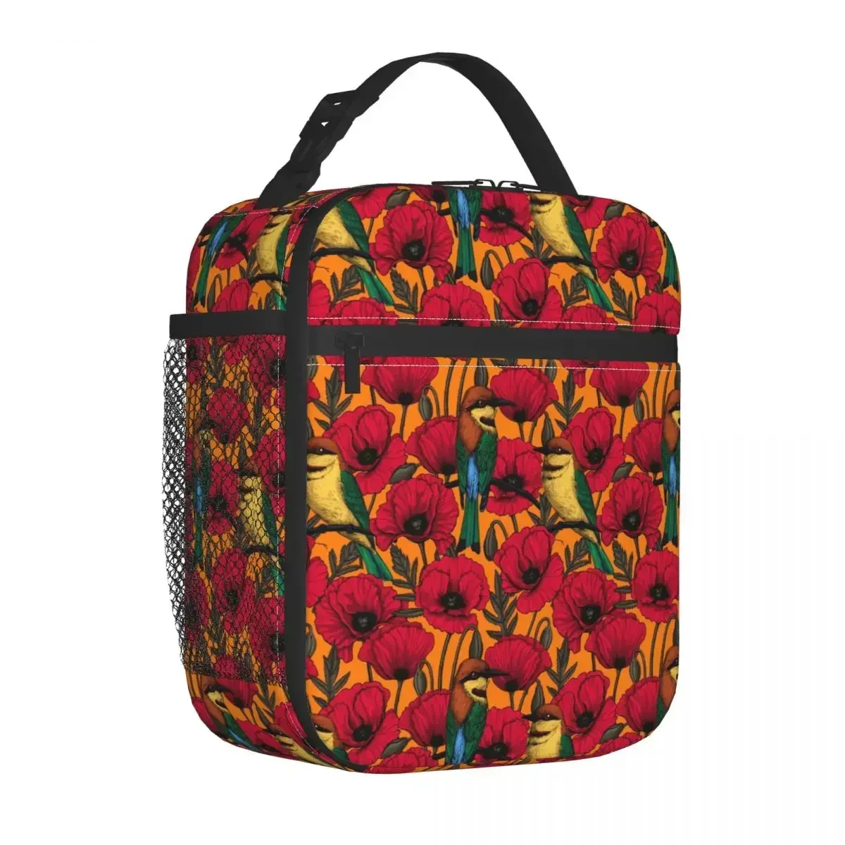 Birds Flower Lunch Bag Bee Eaters And Poppies Office Lunch Box For Women Retro Thermal Lunch Bags Oxford Insulated Cooler Bag