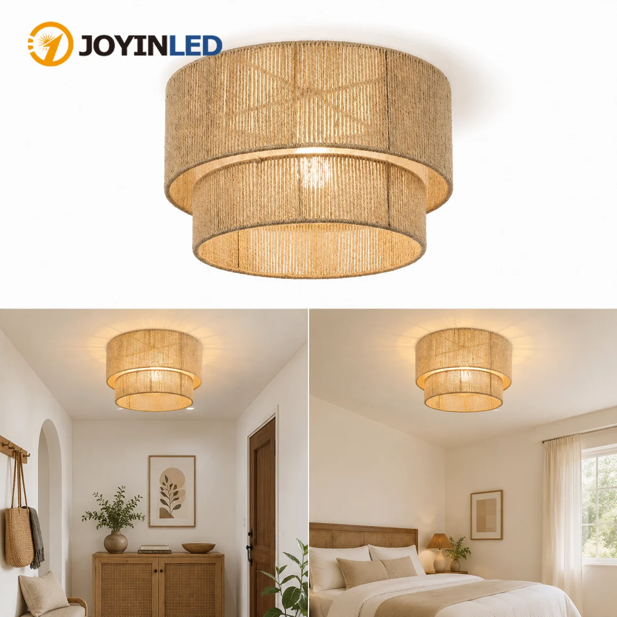 JOYINLED 45CM Handmade Hemp Rope Lampshade, Natural Woven Ceiling Light Shade, Japanese Boho Pendant Lamp Cover for Cafe Home