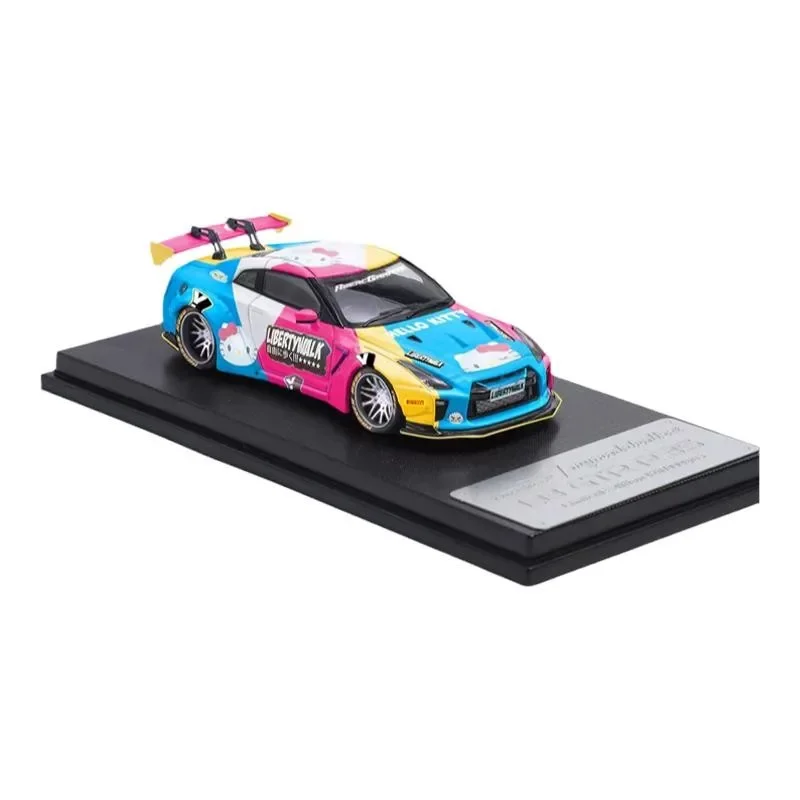 1:64 Nissan GTR R35 LB wide-body hello Kitty alloy model, children's collection of decorative toys, New Year gifts for friends.