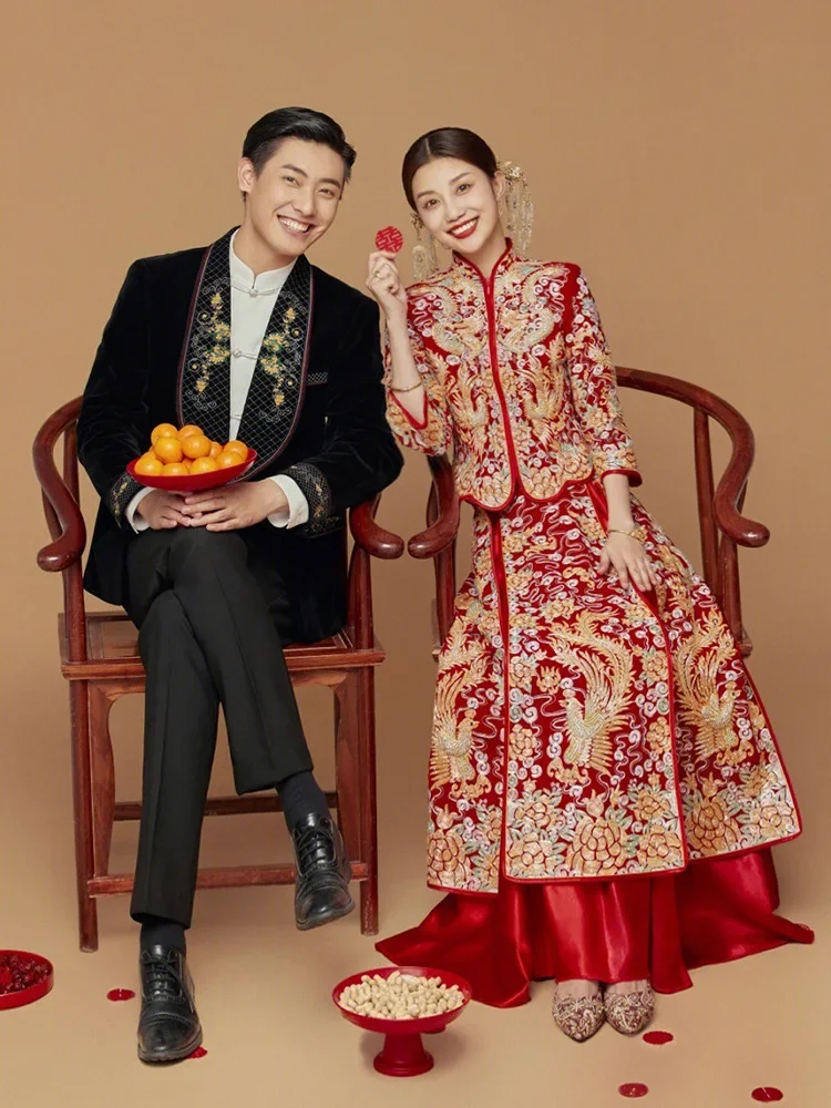 

Women Dragon Phoenix Embroidery Chinese Wedding Dress Mandarin Collar Marriage Cheongsam Toast Clothing