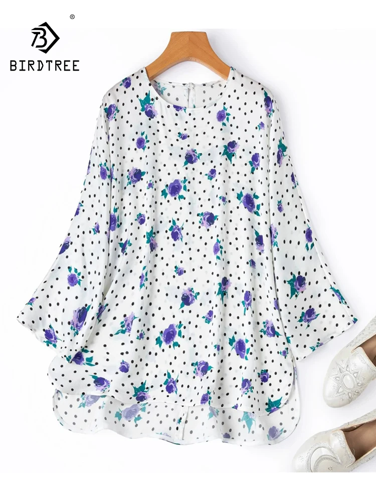 BirdTree-93%Silk 7%Spandex Elegant T-Shirt, O Neck Dot Floral Print, Women Hong Kong Style Loose Top, 2026 Summer New T65765CC