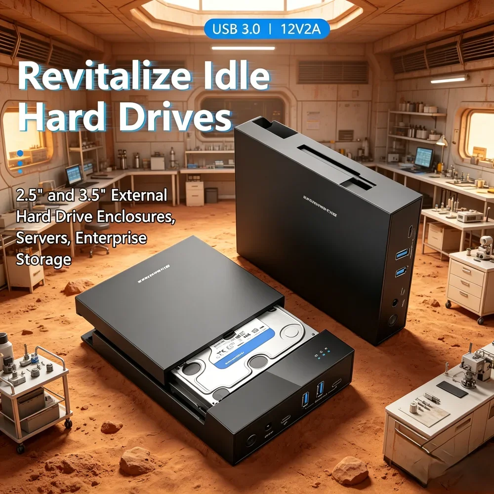 

2.5/3.5 Inch Type-C SATA HDD SSD Enclosure, USB 3.0 Hub Support, 18TB Max Capacity with 12V Power Adapter