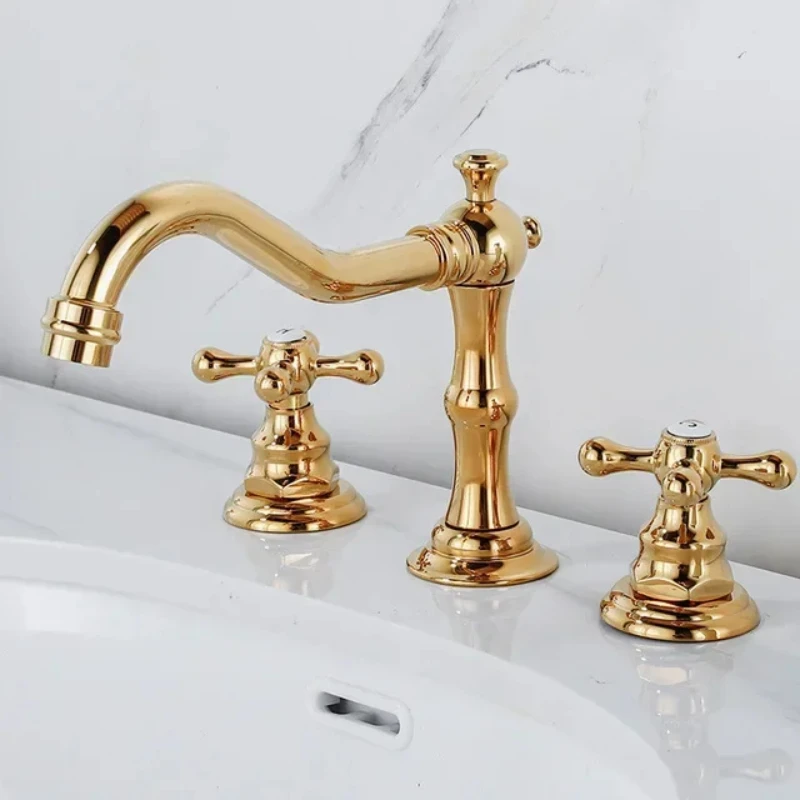 Basin Faucet 3 Pcs Set Black Brass Dual Handle Bathroom Sink Faucet Hot and Cold Water Tap 3 Hole Bath Mixer Tap