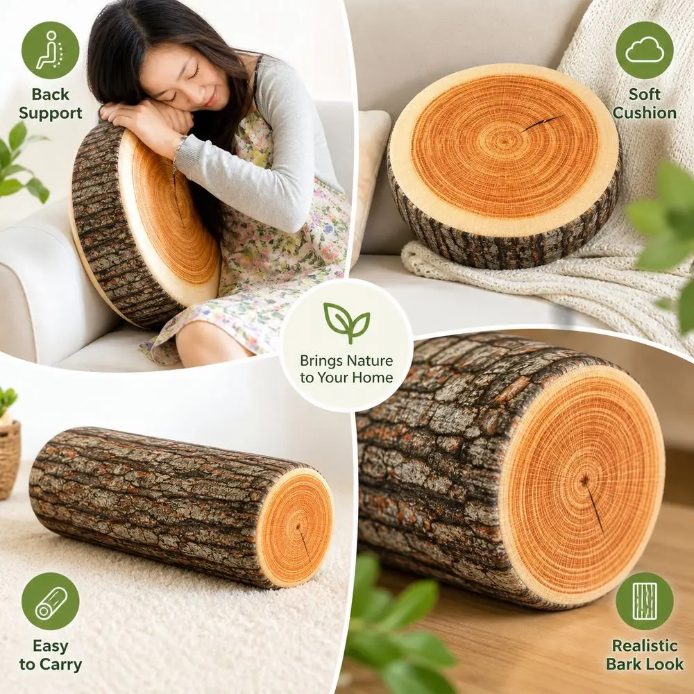 Material Tree Log Pillow Soft Texture Realistic Wood Grain Round Floor Cushion PP Cotton Filled Novelty Throw Pillow For Women