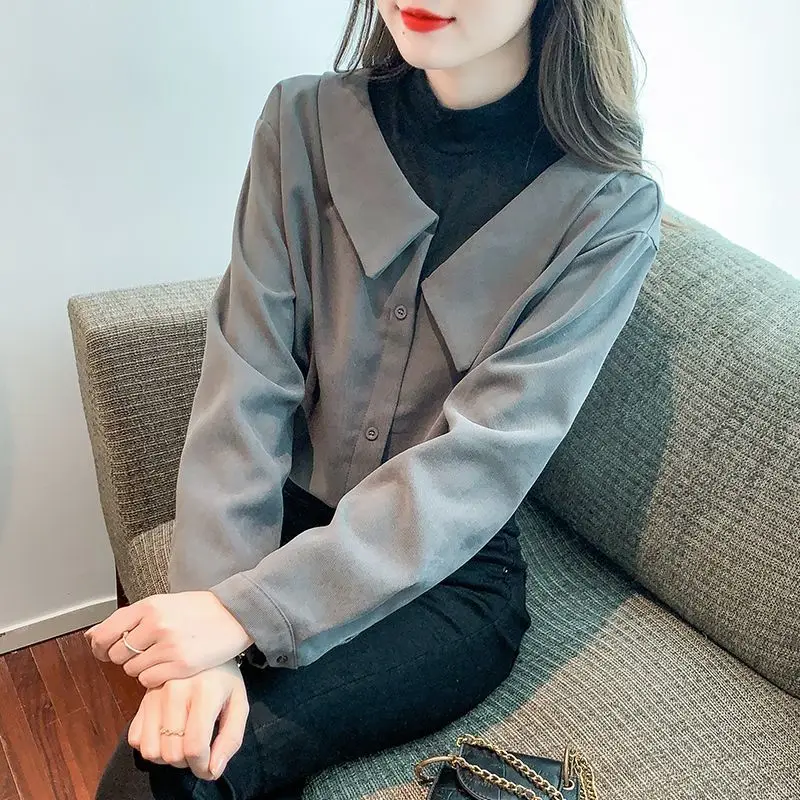 Elegant Fashion Harajuku Slim Fit Fake Two Pieces Blusa Button Stand Collar Long Sleeve Tops Women All Match Women's Clothing