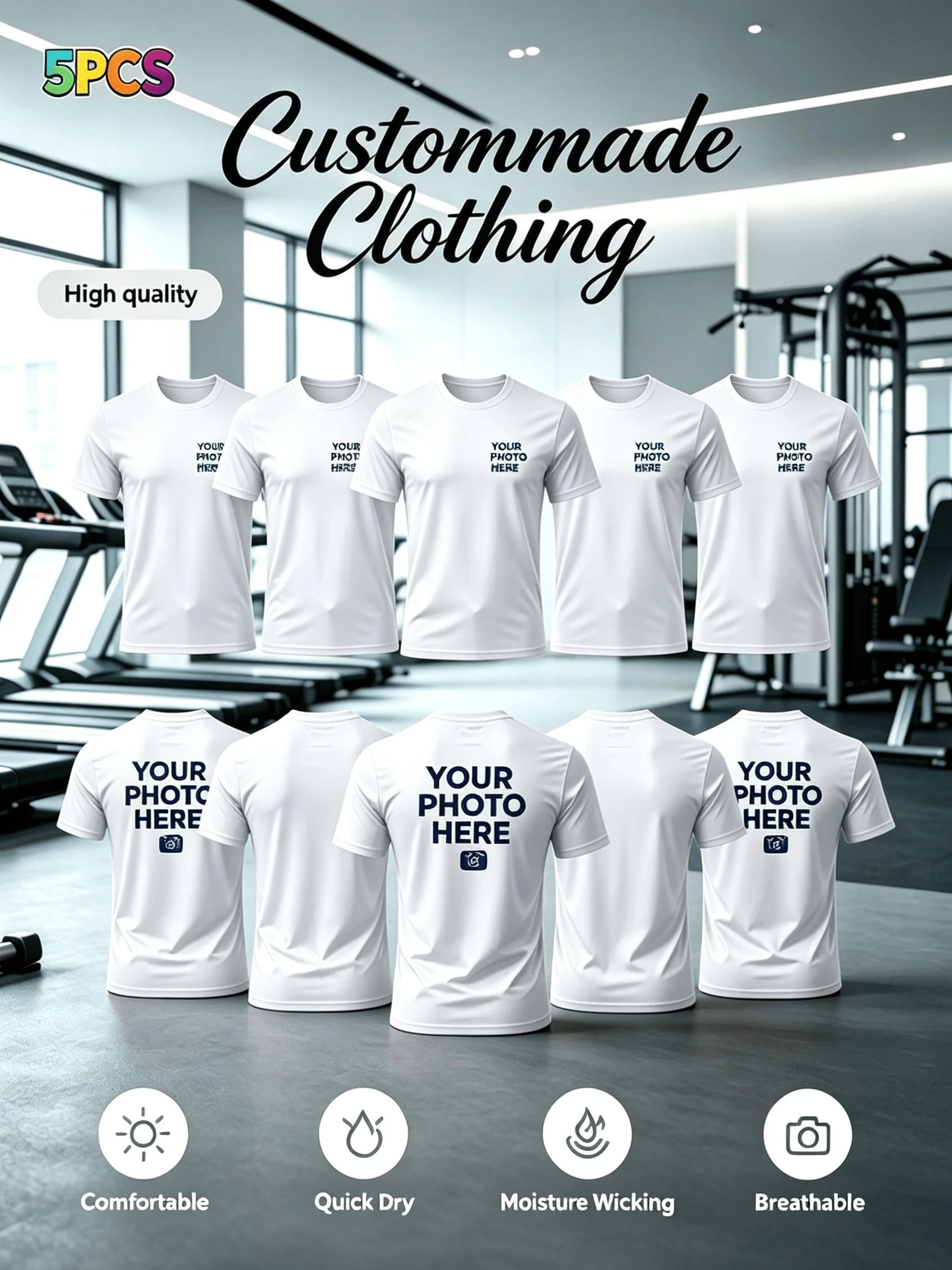 5-Piece Set. Customized Product. Men's Quick-Drying Sports T-Shirt [with Customizable Logo/Pattern] - Lightweight, Breathable