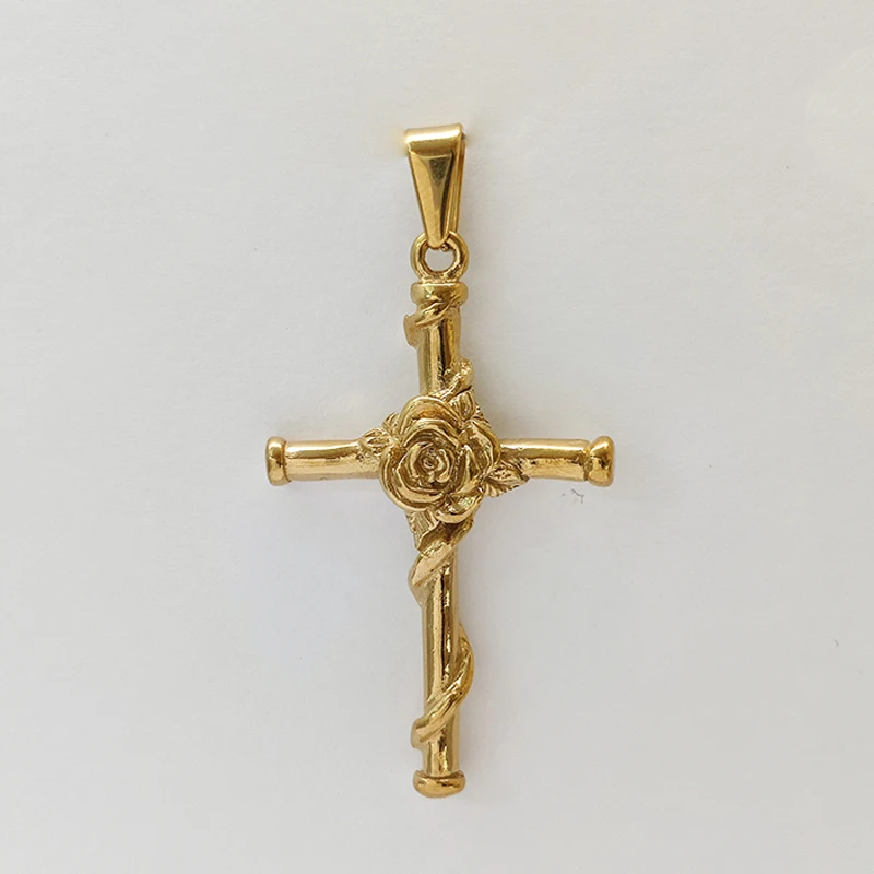 Cruz religiosa de rosa, collar con colgante de acero inoxidable chapado en oro de 18 quilates, collares con dije de cruz de flor cristiana