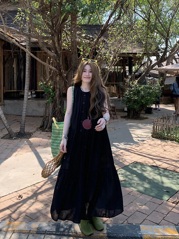 

plus Size Lazy Style Long Sleeveless Vest Dress Casual Pleated Slimming Versatile Summer Women's Korean Style A-Line Dress