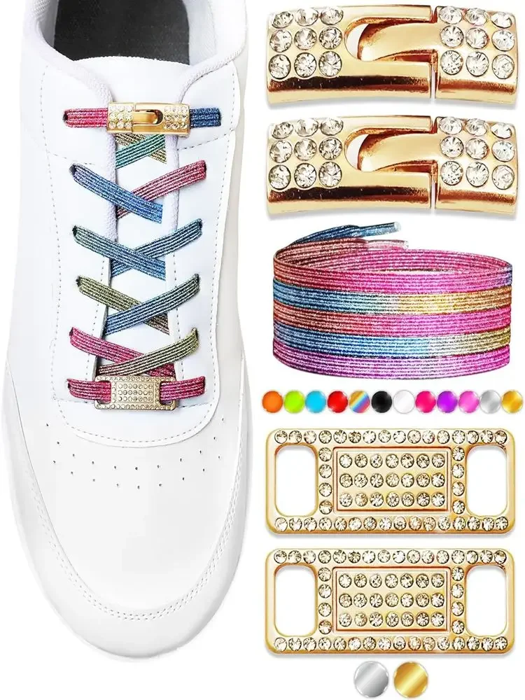 1 Paar elastische Schnürsenkel ohne Binden, glitzernde Diamant-Kreuzverschlüsse, Schnürsenkel-Charms für Damen-Sneaker, luxuriöse, elegante Schnürsenkel mit Metallschnalle – Detail 1