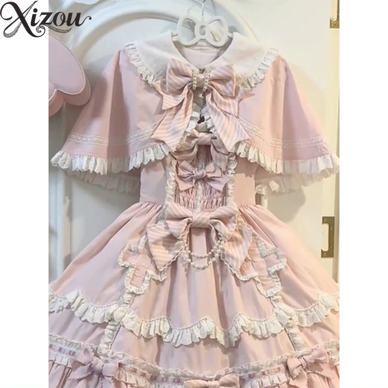 2025 Roze Miauw Lolita Jurk JSK Cape Set Zoete Prinses Verjaardag Pop Kraag Strik Hoge Taille Gezwollen Tweedelige Zomer Bal Grown