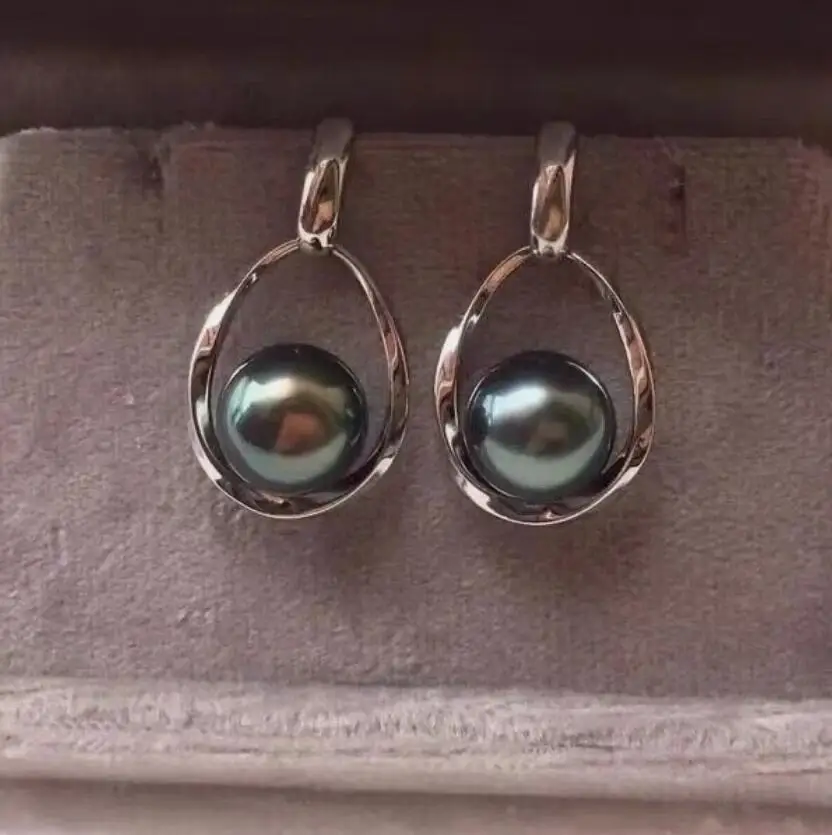 

stunning 10-11mm tahitian round black green pearl dangle earring 925s