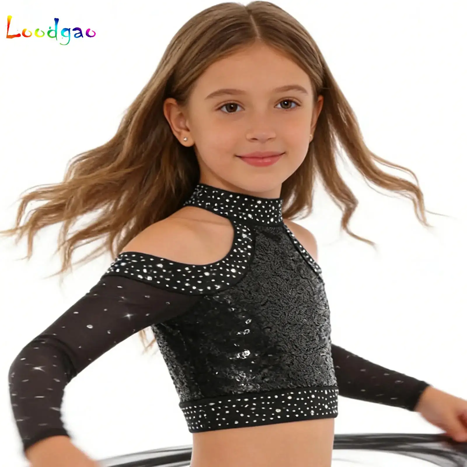 

Girls Glitter Rhinestones Dance Top Long Sleeve Crop Top Ballet Ballroom Performance Costume for Latin Jazz Cheerleading