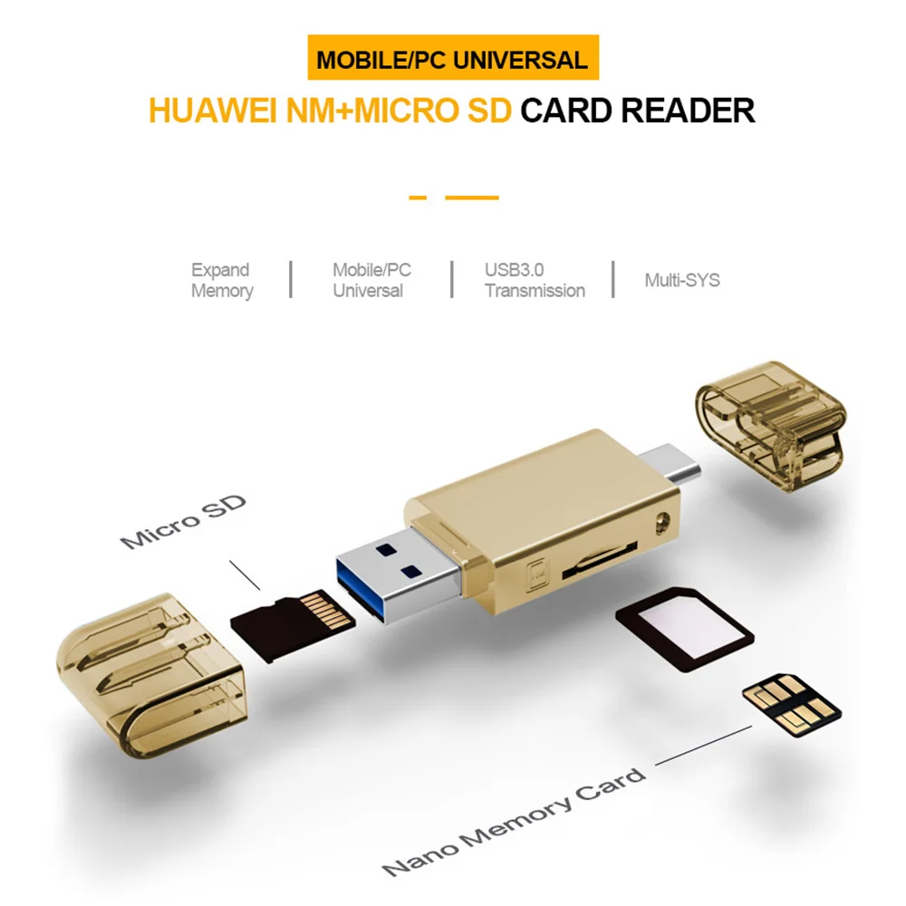Nano Memory Card Reader Replacement For Huawei Mate20/P30 Pro NM-Card USB3.0 Gen Type-C TF/NM Card Reader，Gold