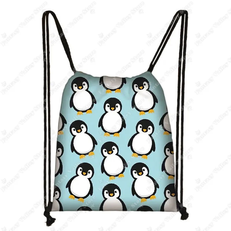 Cute Penguin Print Drawstring Bag Kawaii Shoulder Bags for Travel Shoes Holder Large Capacity Storage Bag Teenager School Bags