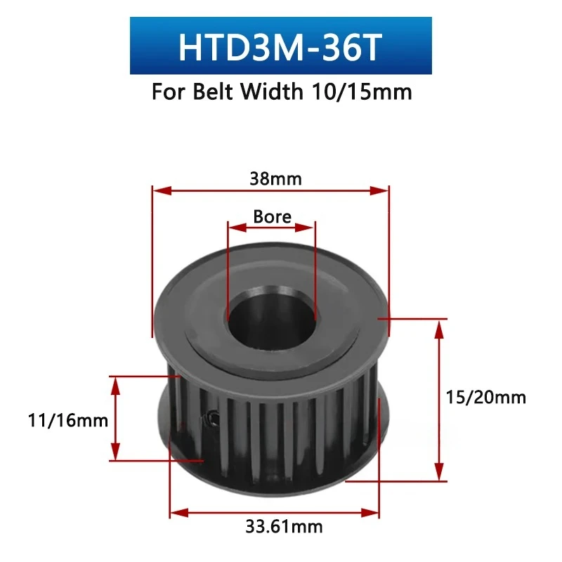 1pcs HTD3M Steel Timing Pulley 36 38 Teeth Synchronous Wheel Teeth Width 11/16mm Bore 5 6 6.35 8 10 12-20mm Drive Belt 36T 38T