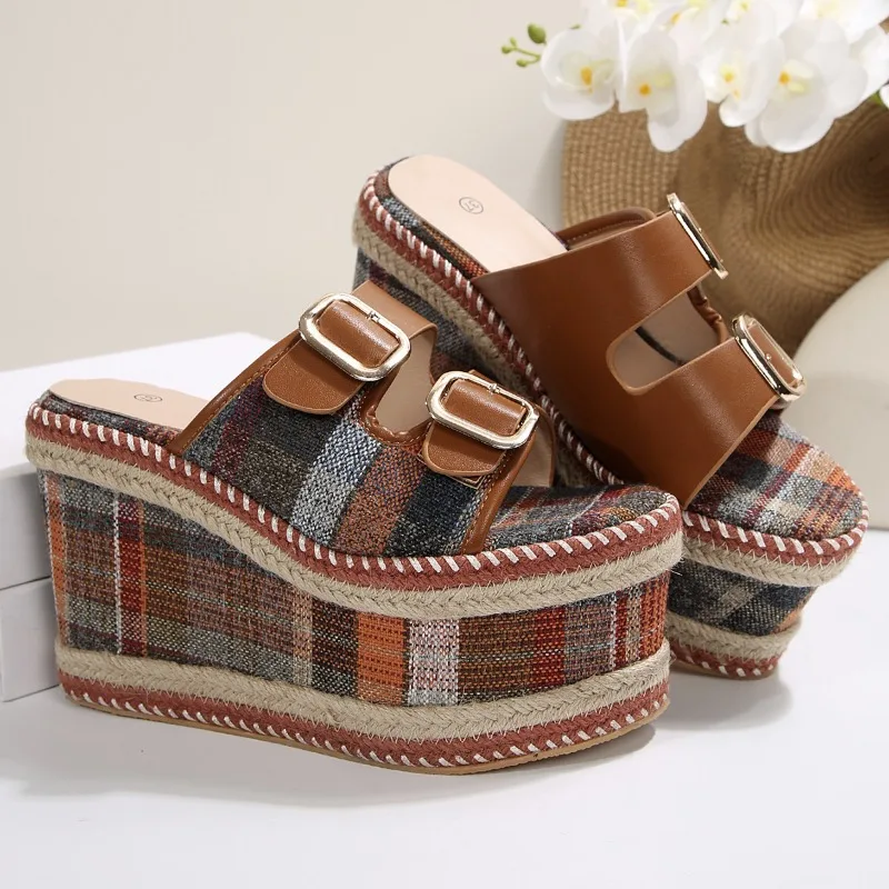 Spliced Fabric Wedge Slippers Summer New Round Toe Open Toe Platform Metal Buckle Non-slip Wear-resistant High Heels