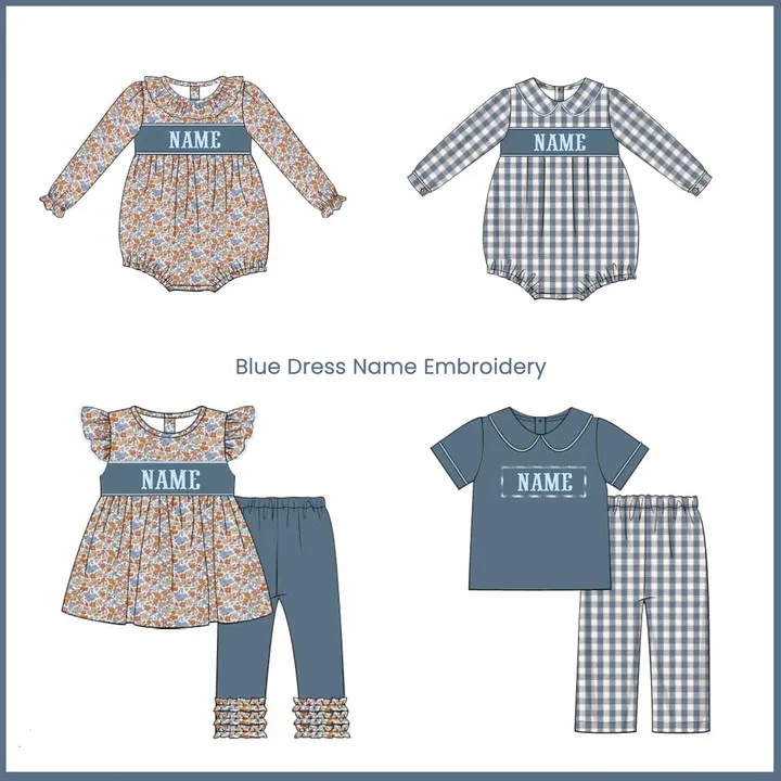 Ropa Baby Girl And Baby Boy New Cotton Customizable Name Styles Presale Models Blue Printing And Lattice Romper Sets Clothes