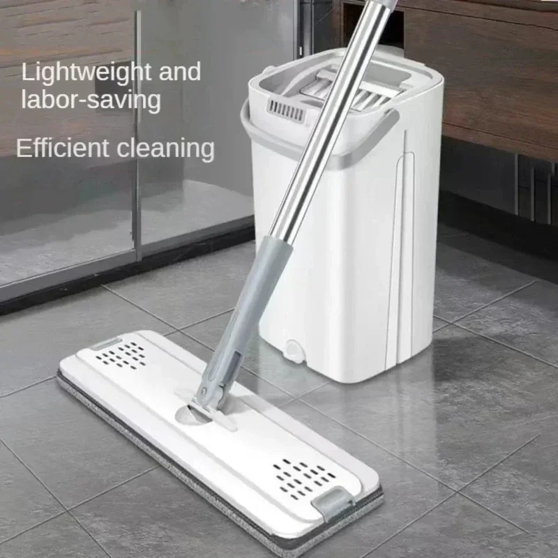 

White Flat Mop with Bucket & 2 Microfiber Pads Thickened Wet Dry Mop for Kitchen Bathroom Floor Cleaning