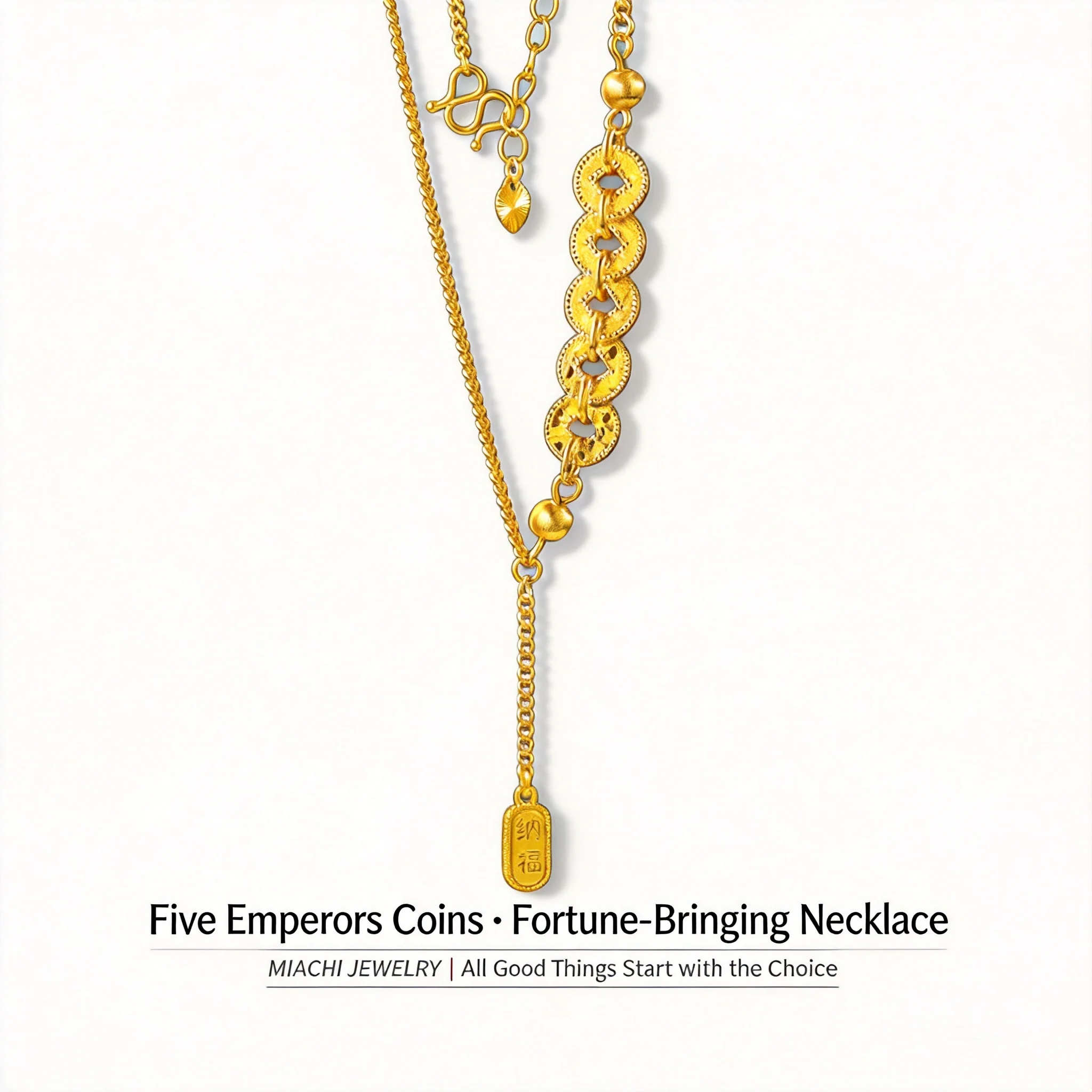

24k Real Gold Plated Feng Shui Chinese Five Emperor Coins Lucky Necklace Wealth Fortune Blessing Adjustable Y Shaped Dainty Jewe