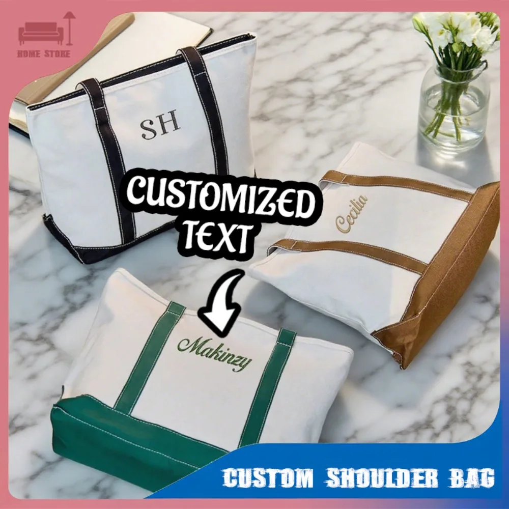 

Custom Name Embroidered Canvas Tote Bag Zipper Shopping Large Capacity Shoulder Bag School Travel Work Beach Personalized Gift