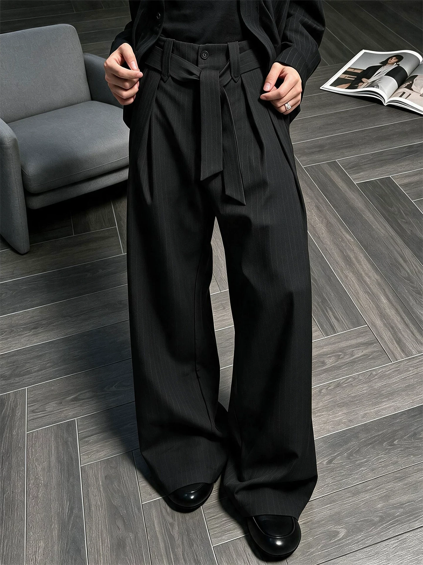 Men's Baggy Straight Leg Karate Pants Autumn Casual Loose Fit mid Waist Belted Mixed Fabric Knife  Dark Pattern American ...
