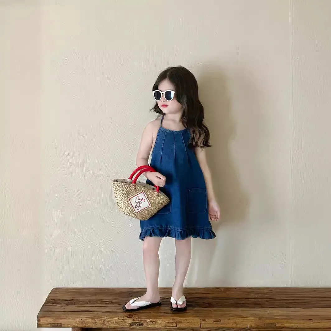 Children Skirt 2024 Summer Girls Western Style Strapless Denim Dress Children Korean Style Skirt Baby Slip Dress Clothes