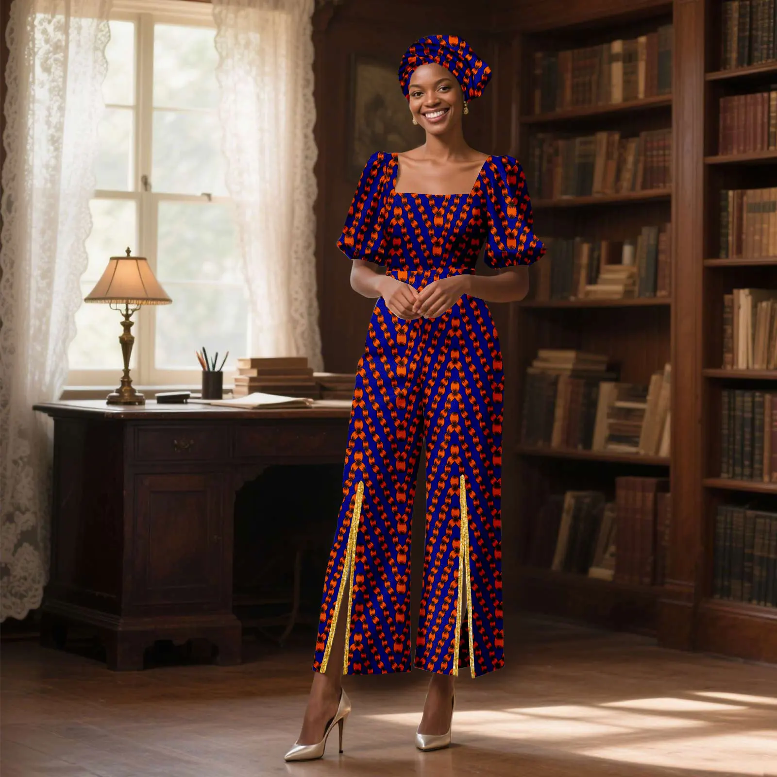 

African Women Jumpsuit Squared Collar Puff Sleeve Dashiki Ankara Print Jumpsuit with Headwrap African Party Wedding 2529003