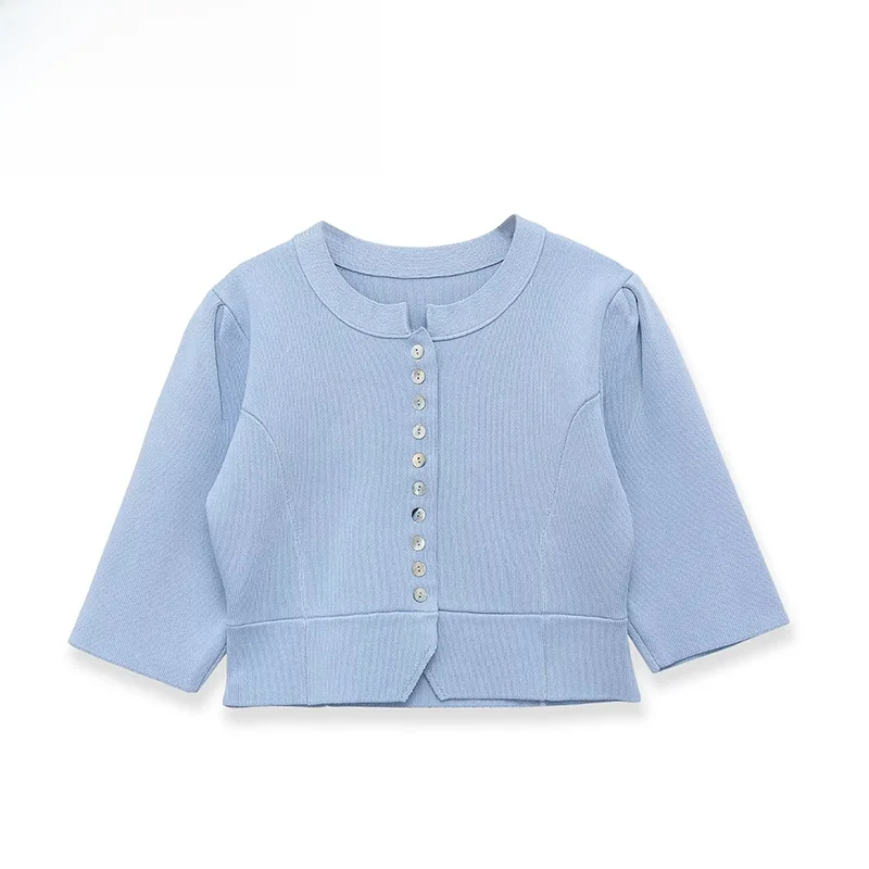 

Spring New ZR Women's Fashionable Knitted Bubble Neck round Neck Jacket Versatile Polyester Fiber Open Cardigan Style