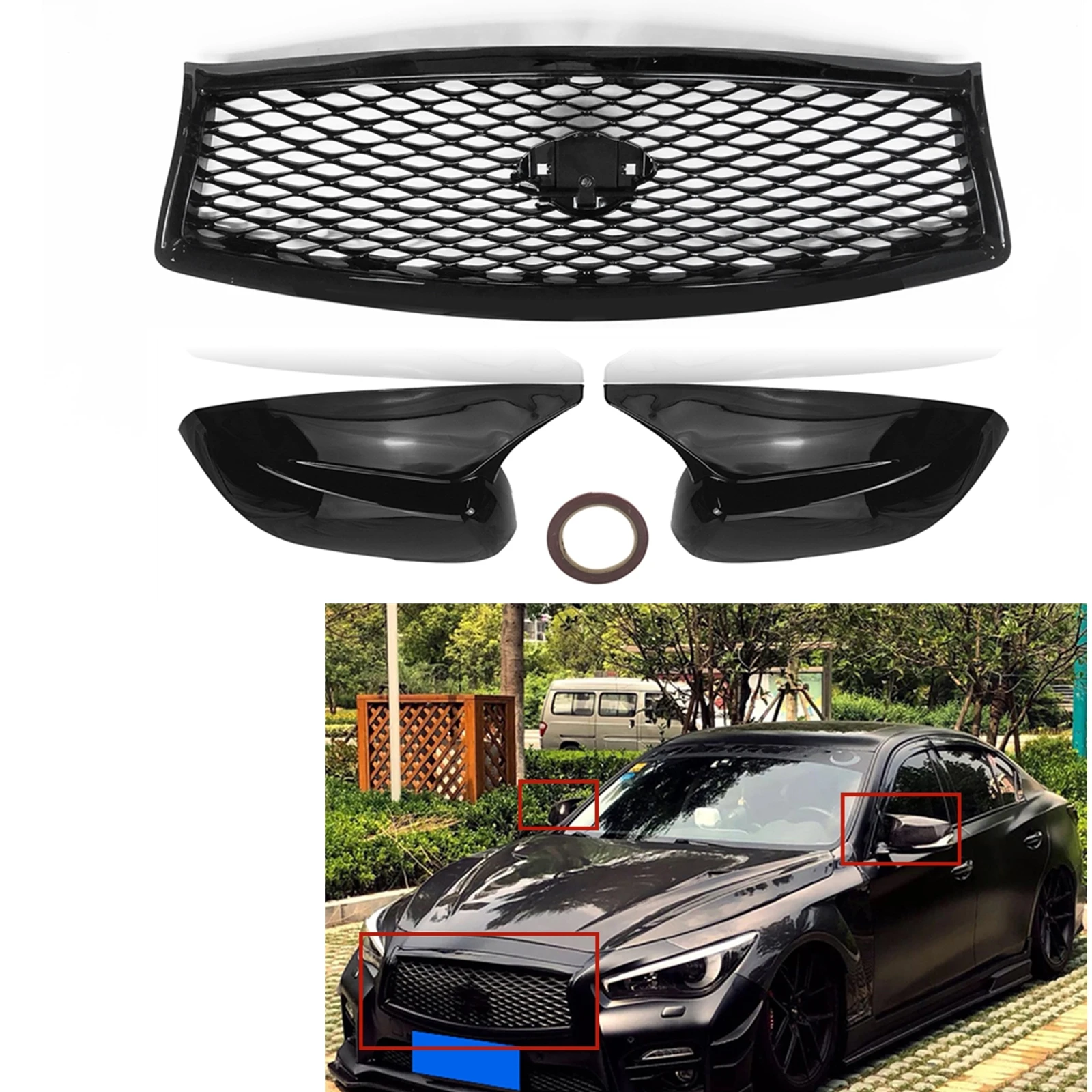 

Rear View Mirror Cover Cap+Upper Grille Gloss Black Front Bumper Hood Mesh Grid Grill For Infiniti Q50 Q50S 2014-2017 All Models