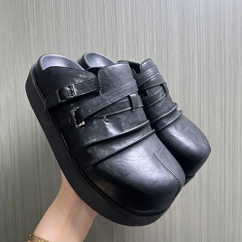 

High Quality British Style Half Slippers for Men's One-pedal Platform Men's Shoes Thick Bag Head Thick Sole Shoes Zapatos Hombre